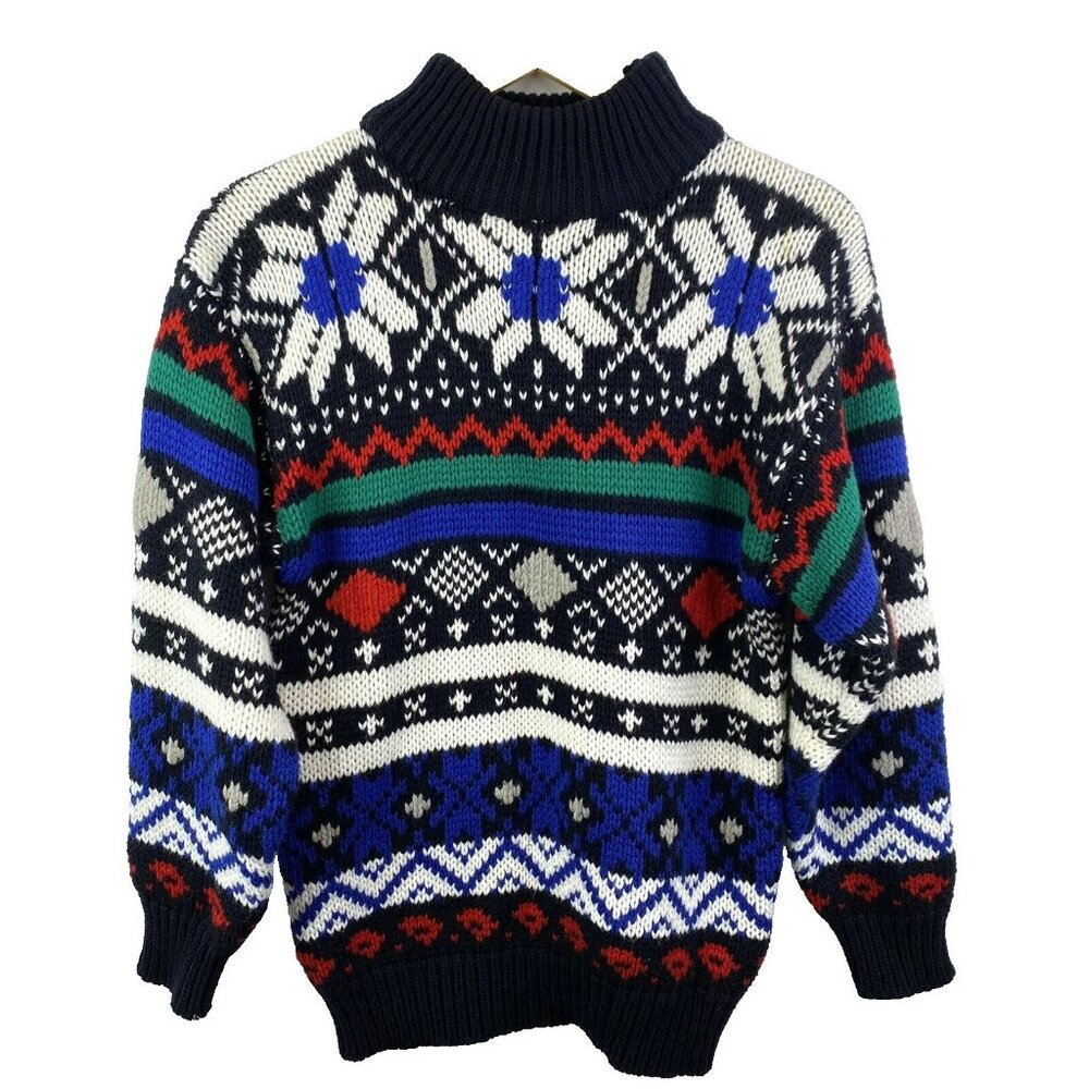 Vintage Sweater Womens Size Medium Fair Isle Nordic Ski Pullover Mock Neck